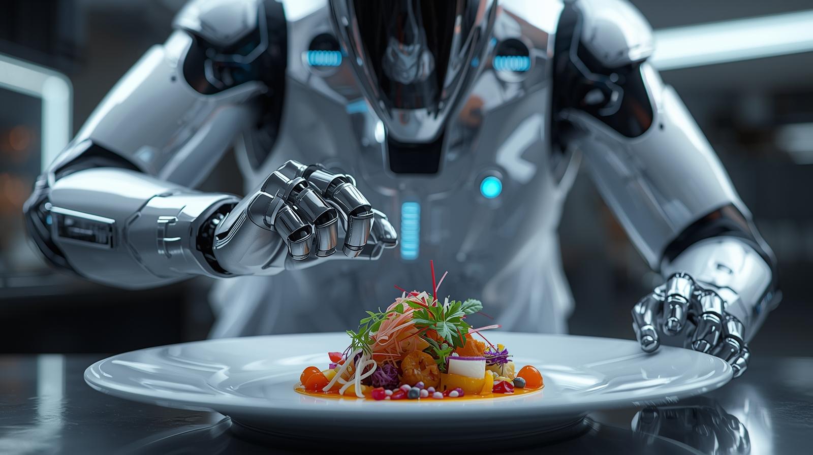 “AI in food industry – futuristic robot chef cooking a meal in smart kitchen.”